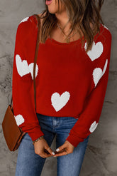 Red Heart Pattern V Neck Knit Sweater