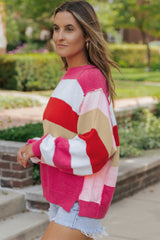 Red Mix Horizon Stripes Dolman Sleeve Sweater