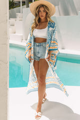 White Paisley Mix Pattern Print Long Kimono