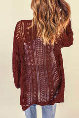 Wine Red Drop Sleeve Crochet Knit Cardigan
