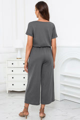 Gray Drawstring Waist Short Sleeve Wide Leg Jumpsuit