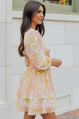Yellow V Neck Long Sleeve Tiered Floral Dress