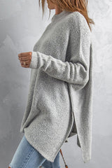 Grey High Neck Oversized Sweater with Slits