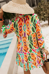 Yellow Abstract Floral Print Long Sleeve Buttoned Mini Dress