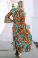Green Boho Paisley Mix Print Long Sleeve V-Neck Tie Maxi Dress