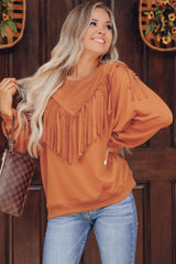 Brown Solid Color Chevron Fringe Loose Pullover Sweatshirt