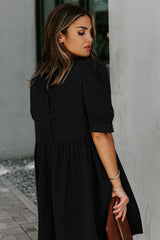 Black Pocketed Puff Sleeve Empire Waist Swing Short Dress