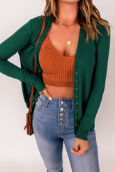 Green Lightweight Knit Ribbed Trim Snap Button Cardigan