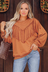 Brown Solid Color Chevron Fringe Loose Pullover Sweatshirt