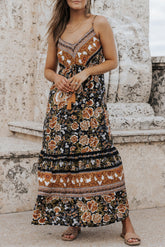 Black Retro Boho Floral Tassel Tie Maxi Dress