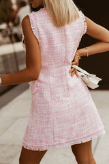 Pink Frayed Edge Double Breasted Tweed Vest Dress