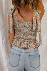 Khaki Floral Print Tie Straps Smocked Peplum Vest