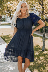 Blue Lace Ruffle Sleeve Cinch Waist Smocking Dress
