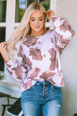 Brown Cow Spots Print Drop Shoulder Puff Sleeve Sweatshirt