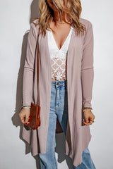 Khaki Draped Open Front Waffle Knit Cardigan