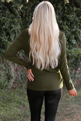Green Studded Eyelet Neckline Ribbed Knit Long Sleeve Top