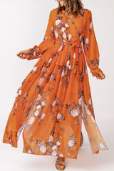 Orange Orange Floral Print Lace-up Ruffled V Neck Maxi Dress with A Slit