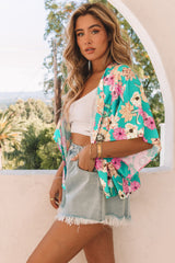 Green Vacay Floral Print Kimono