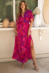 Rose Abstract Floral Print V Neck Dolman Maxi Dress