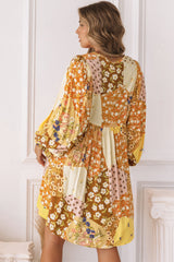 Yellow Floral Buttoned Pleated Long Sleeve Babydoll Dress