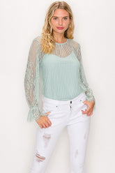 Lace Trim Shadow Stripe Bodysuit