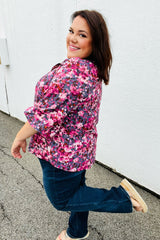 Purple Floral Print V Neck Woven Top