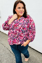 Purple Floral Print V Neck Woven Top
