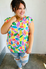 Green & Yellow Floral Leaf Flutter Sleeve Top