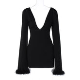 Women Clothing Spring Sexy Deep V Plunge neck Fur Patchwork Flared Sleeves Backless Sheath Dress