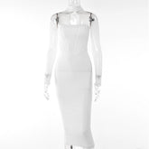 Sexy Sexy Low Cut Midi Dress Summer See through Voile Long Sleeve Dress