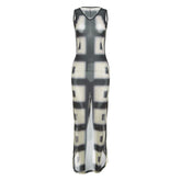 Women Clothing Summer 3D Printed Sleeveless V neck Sexy Slim Fold Split Dress