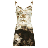 European Retro Waste Soil Printing Characteristic Bow Pleating Show Chest Suspender Slim Fit A line Dress