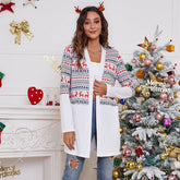 Autumn Winter Loose Color Matching Christmas Printing Casual Cardigan Coat