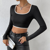 Sexy cropped Autumn Winter Long Sleeve T shirt Women Stitching Contrast Color Inner Wear Bottoming Shirt
