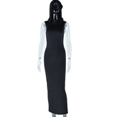Solid Color Hooded Dress Sleeveless Mid Length Slit Sheath Casual Pullover Dress Women