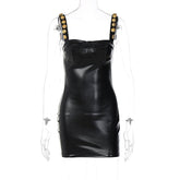 Women Clothing Spring Faux Leather off Neck Sexy Low Cut Sling Sheath Dress