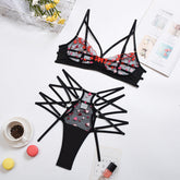 Product Women Clothing Mesh Embroidery Love See-through Stitching Criss Cross Strap Underwear Two-Piece Set