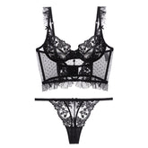 French Sexy Underwear Push up Beauty Back Polka Dot Tramsparent Yarn Embroidered Lace Bra Garter T Shaped Panties Set