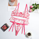Embroidery Large Floral Leaf Stitching Sexy Push up Underwear Body Shaping Three-Piece Set