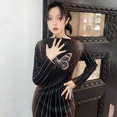 Autumn round Neck Pullover Long Sleeve Butterfly Floral Print Slit Casual Women Clothing Dress