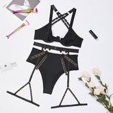 Cross Strap Gathering Bra Complex Craft Sexy Lingerie Waist Seal Garter Three Piece Set