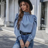 Women Shirt Autumn Arrival Elegant Half Turtleneck Bubble Long Sleeve Pleated Fit Type Women Blouse