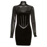 Fall Women Clothing Sexy Turtleneck Flocking Mesh High Waist Tight Fitting Solid Color Sheath Dress