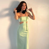 Spring Summer Elegant Socialite Dress Floral Satin Hollow Out Cutout Dress Women