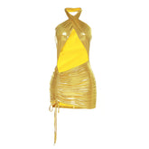 Metallic Coated fabric Spring Summer Women Criss Cross Halter Backless Bright Slim Fit Pleating Sheath Dress