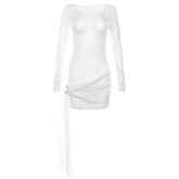 Fall Women Clothing round Neck Long Sleeve Sexy See through Slim Sheath Dress
