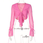 Women Clothes Spring Summer Chest Lace-up Mesh Lantern Sleeve Sexy cropped T-shirt for Women