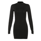 Women Clothing Autumn Solid Color Long Sleeve Slim Slimming Sheath Dress