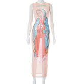 Women Clothing Summer Printed Sheer Mesh Sexy Sleeveless Slim Dress