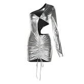 Metallic Coated fabric Spring Women Clothes Personalized Single Sleeve Hollow Out Cutout Sexy Spicy Pleating Bright Color Dress